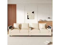 Sofá Consul de 4 plazas de terciopelo, reposabrazos central plegable, puertos USB y USB-C, espacio de almacenamiento, 2 cojines, color beige.
