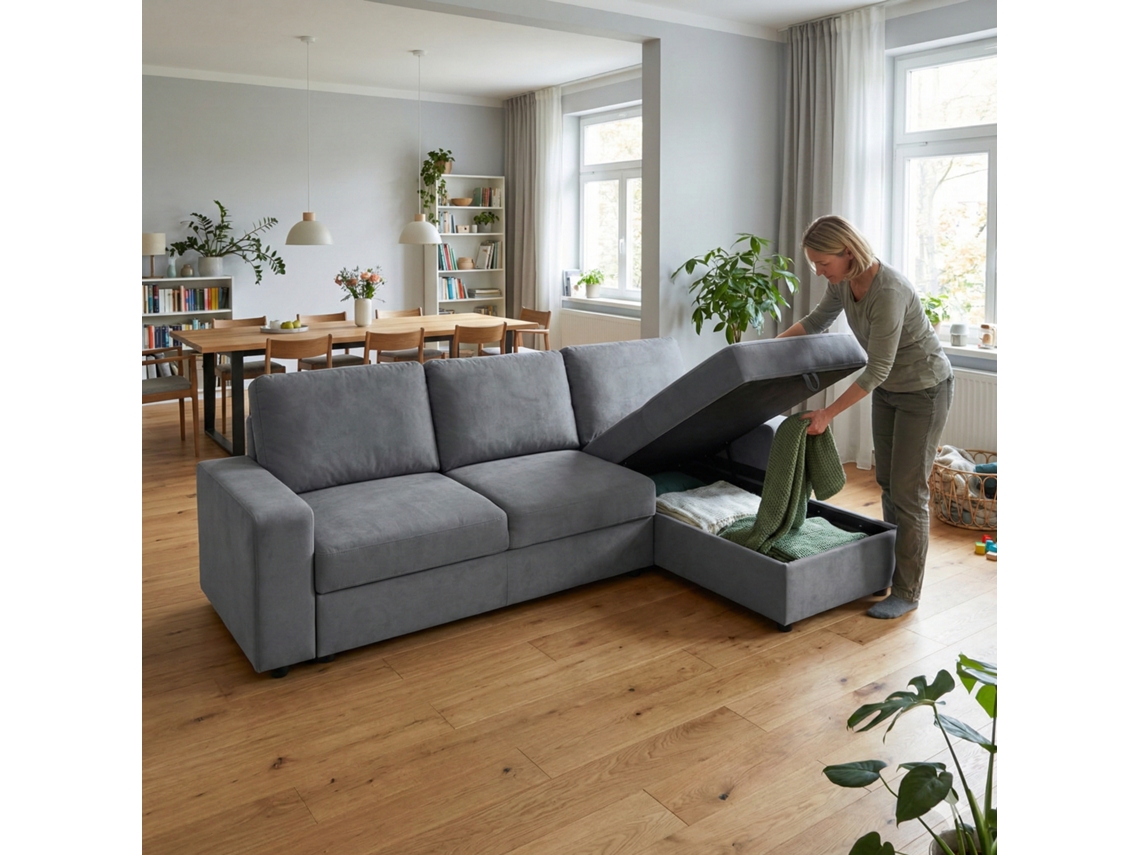Sofá Esquinero 3 Plazas - Con Almacenamiento, 4 Compartimentos, Cómodo Y Moderno - Gris