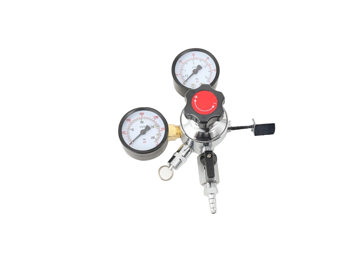 Regulador de CO2, acero inoxidable, manómetros dobles, compatibilidad con W21.8, válvula de seguridad, presión ajustable.