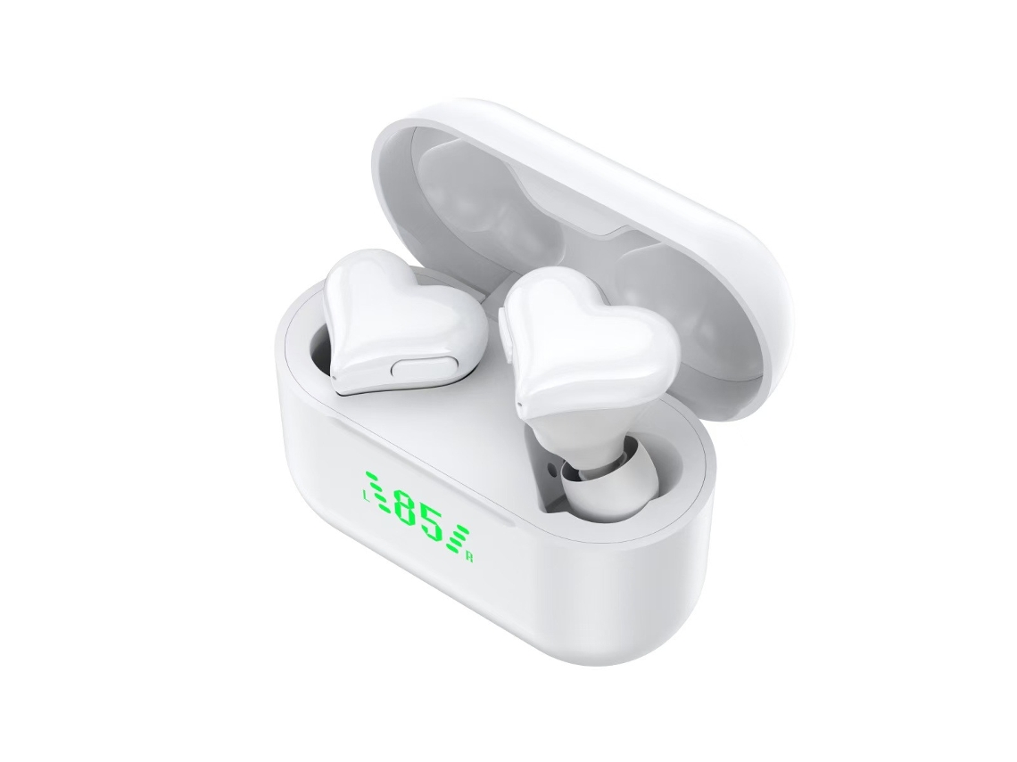 Auriculares Bluetooth Mini Inalámbricos Con Forma De Corazón Y Display De Batería, Intrauditivos, Deporte, Cancelación De Ruido - Blanco