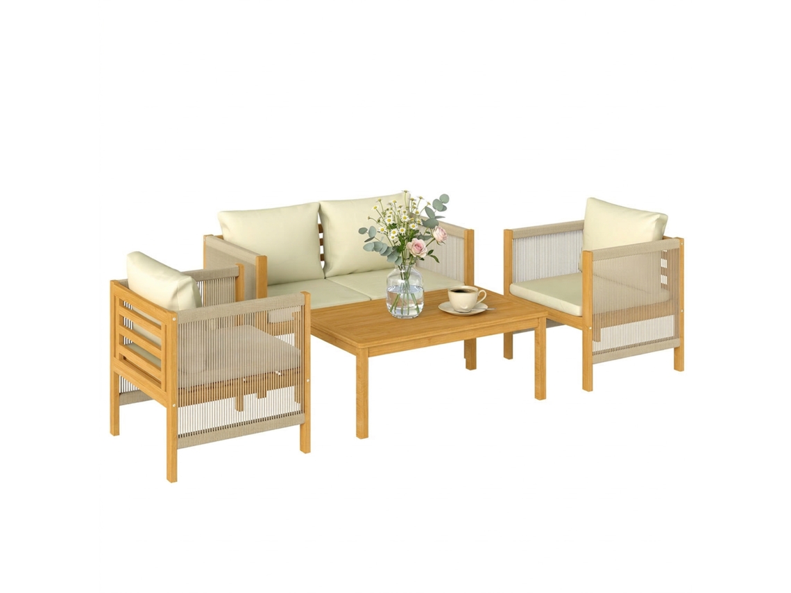 Conjunto De Jardín De 4 Piezas: Sofá, 2 Sillones, Mesa De Madera, Ribete De Cuerda Beige.