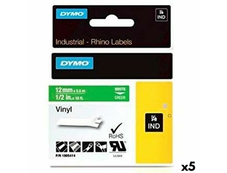 Cinta Laminada para Rotuladoras Rhino DYMO ID1-12 12 x 5,5 mm Blanco Verde Vinilo Autoadhesivas (5 Unidades)