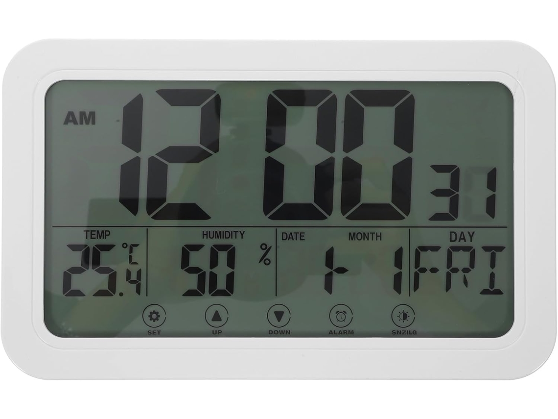 Reloj Digital Multifunción Blanco, Con Indicador De Temperatura Y Humedad Y Calendario Perpetuo.