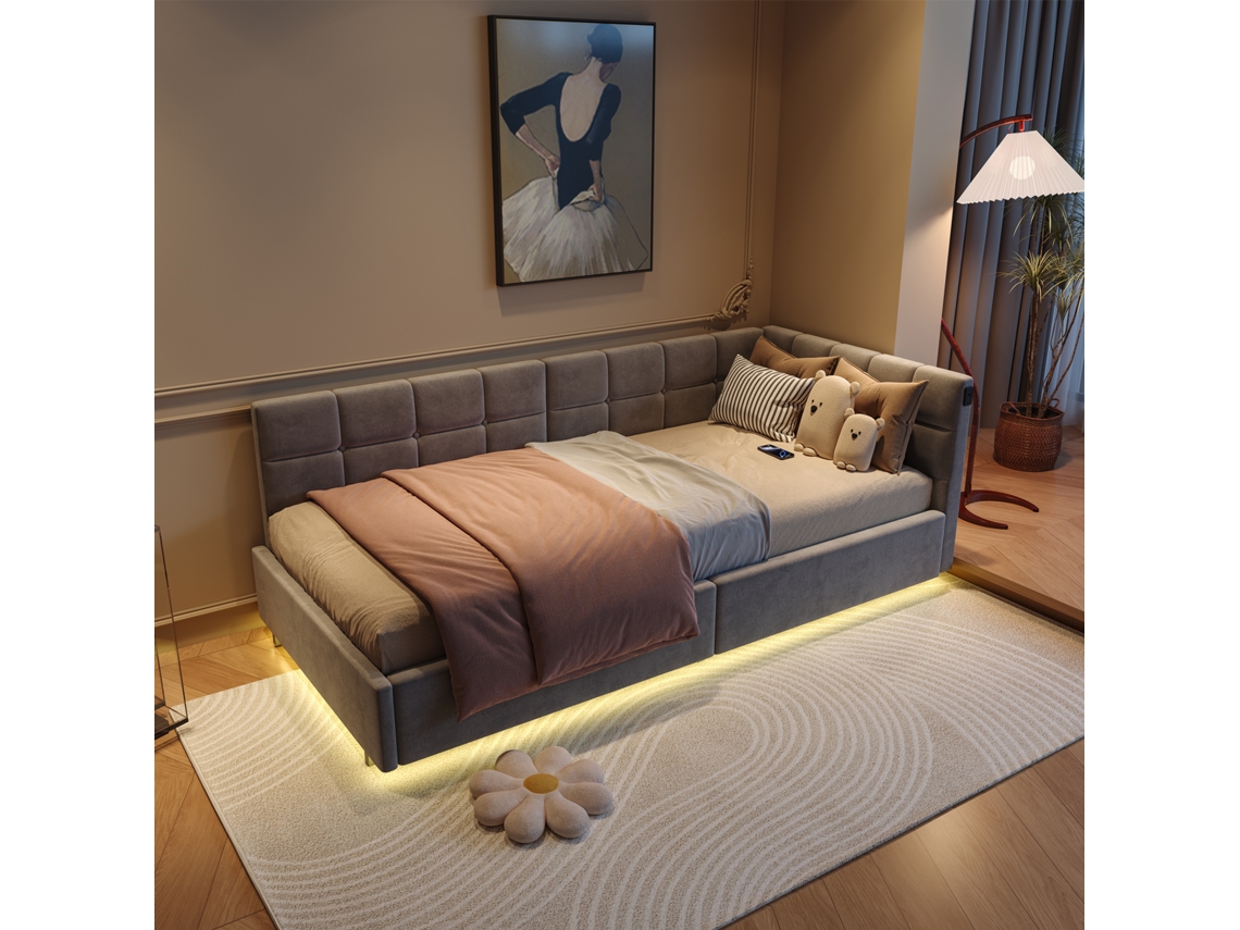 Cama flotante de terciopelo gris de 90 x 200 cm con LED, puertos USB y tipo C, moderna cama individual con depósito de gas y luz con control remoto.