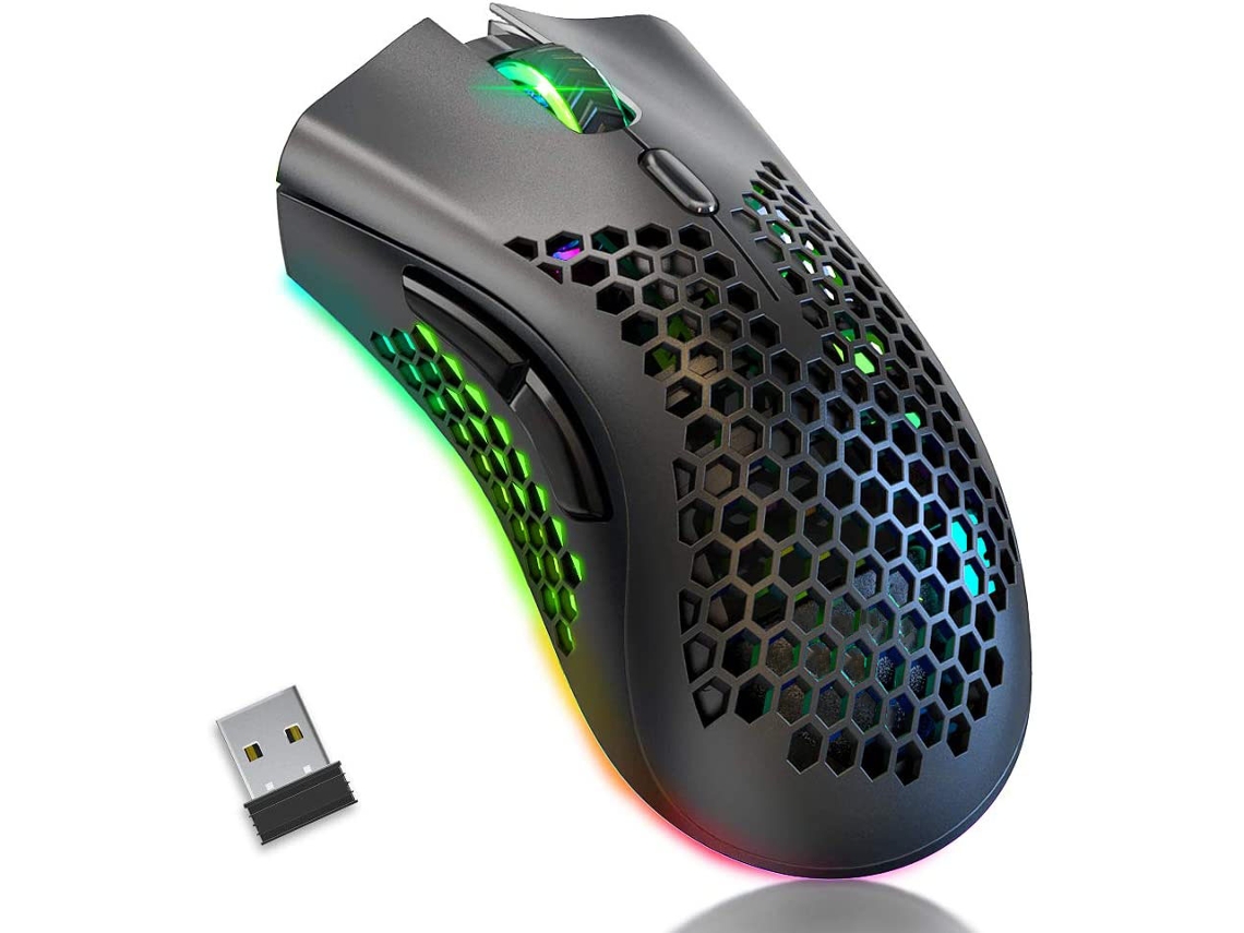 Ratón inalámbrico para juegos con carcasa de panal, 7 botones programables, 3 DPI ajustables, clic silencioso, ratón óptico RGB ergonómico para portátil, PC y Mac.