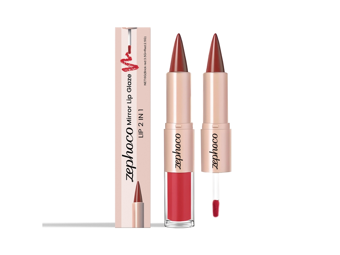 Lápiz labial con brillo de espejo 2 en 1 - Rojo ladrillo + Rojo