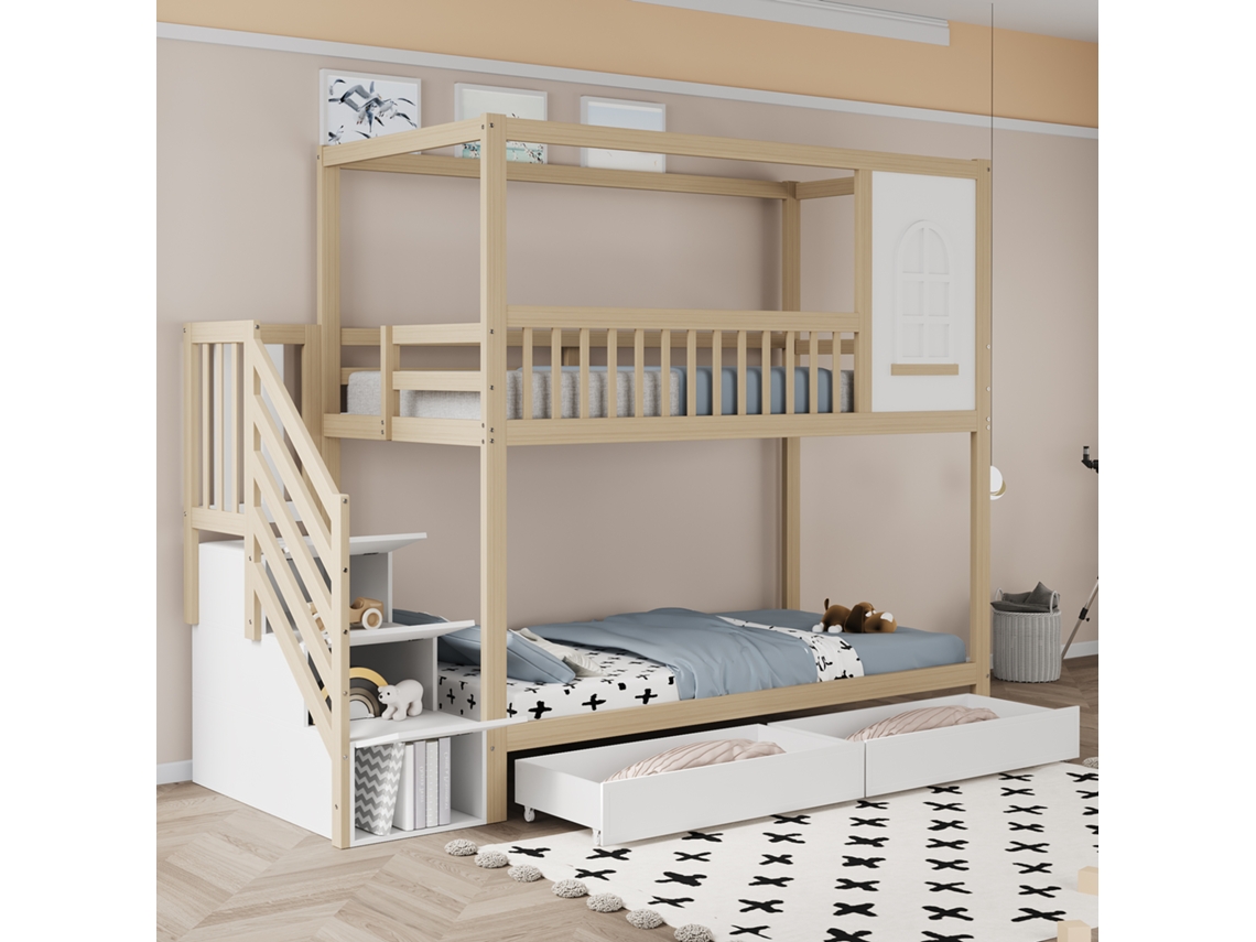 Litera Infantil De 90x200 Cm, Fabricada En Madera Maciza Con Diseño De Casita, Ventanas Y Cajones Para Almacenamiento.