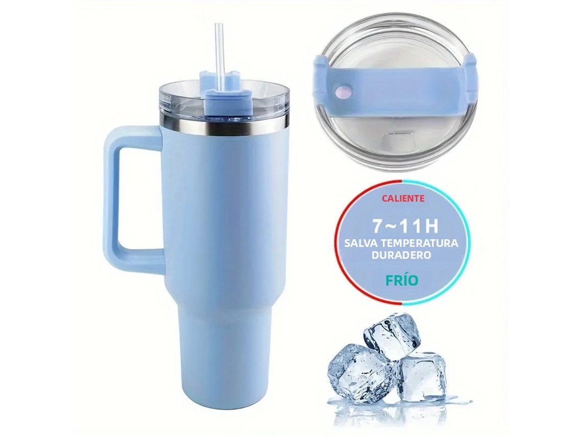 Taza térmica de viaje de 1,18 L con asa y tapa con pajita, doble pared de acero inoxidable (azul)