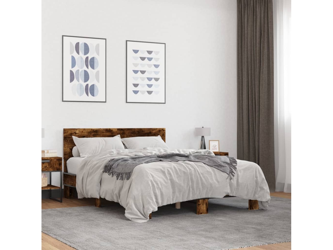 Estructura Cama Madera Ingeniería Metal Roble Ahumado 120x200cm