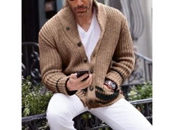 Suéter masculino casual de outono 2026, gola alta, modelagem slim, manga longa, fechamento frontal com botões, tamanho XXL, cor cáqui.