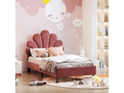 Cama Infantil De 90x200 Cm Con Cabecero De Flores En Terciopelo Rojo Y Color Frijol.