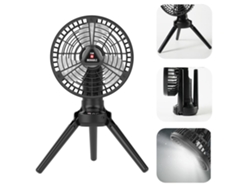Ventilador portátil con trípode, luz y recargable por USB.