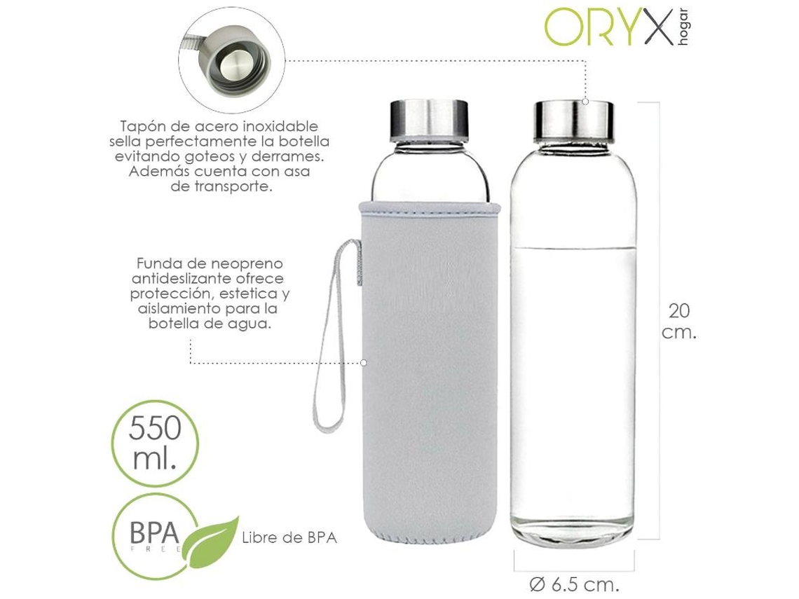 Botella Agua Cristal 550 ml. Funda Neopreno con Asa. Sin BPA ORYX