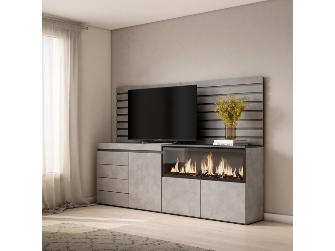 Aparador, 214x145x35 cm, Dormitorio, habitación, Chimenea eléctrica XXL, Cómoda, Cajonera, Cemento SKRAUT HOME