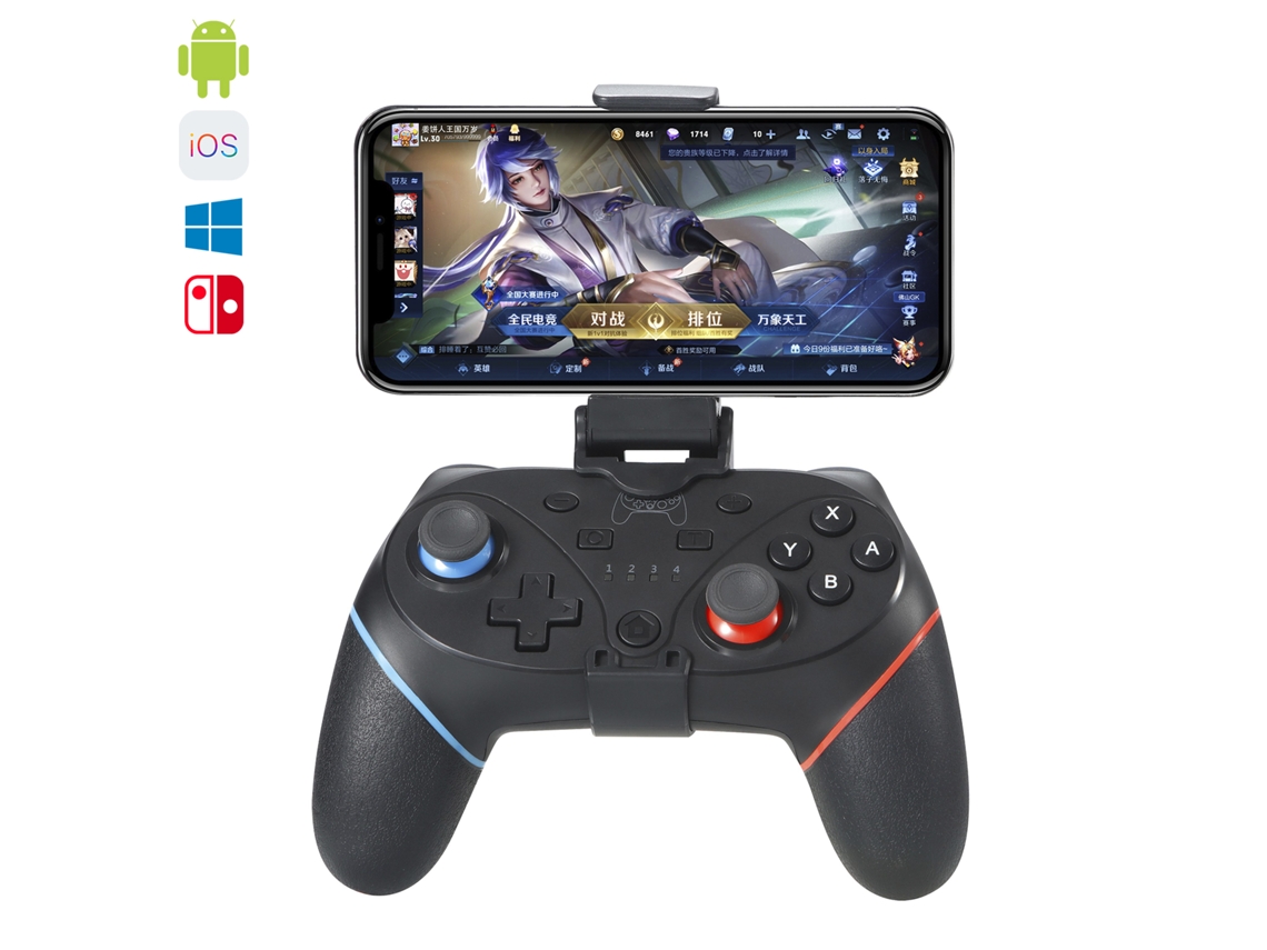 Mando inalámbrico con soporte portátil. Conexión Bluetooth. Compatible con Switch, Android, iOS y PC.