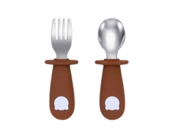 Juego de cubiertos para bebé, incluye cuchara y tenedor de acero inoxidable, sin BPA. MDUG (marrón)