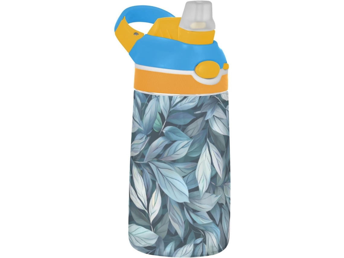 Botella de agua infantil con tapa, asa y estampado de hojas, azul, sin marca.