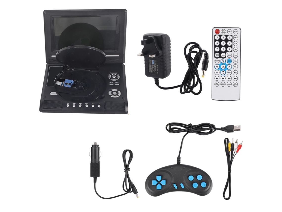 Reproductor De Dvd Portátil De 7 Pulgadas Con Pantalla Giratoria, Batería Recargable, Cargador Para Coche Y Mando De Juegos.