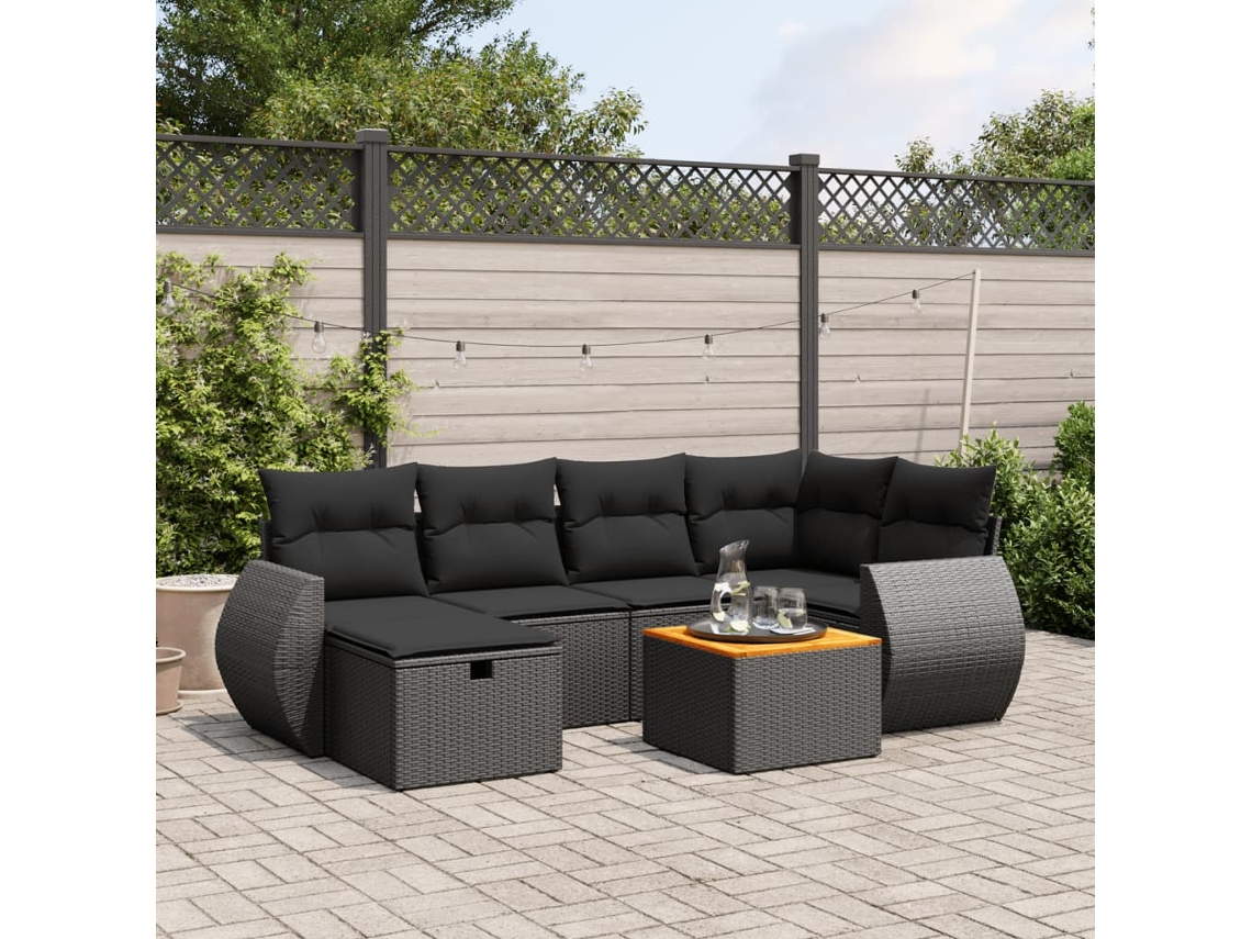 Conjunto de sofá de jardín de 7 piezas con cojines, ratán negro, Dkd Home Decor