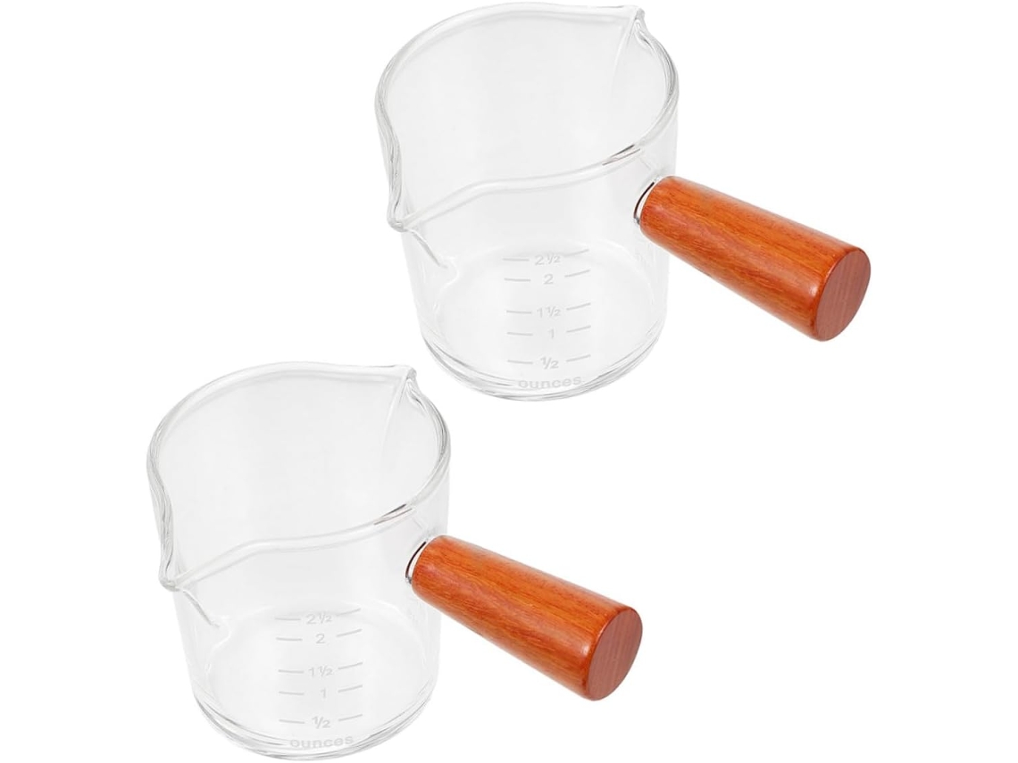 Vasos Leche Vidrio 2 Piezas Asas Madera, Tazas Medidoras Para Café Diseño Transparente Doble