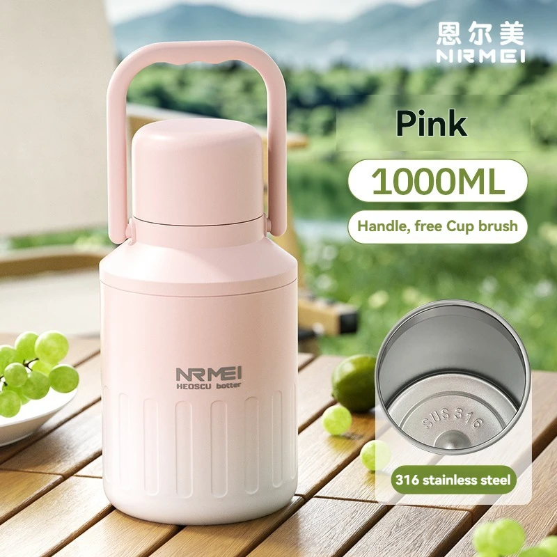 Botella De Acero Inoxidable Con Aislamiento Al Vacío (rosa, 1000 Ml), Apta Para Agua Fría Y Caliente, Con Asa, Ideal Para Acampar Y Viajar.