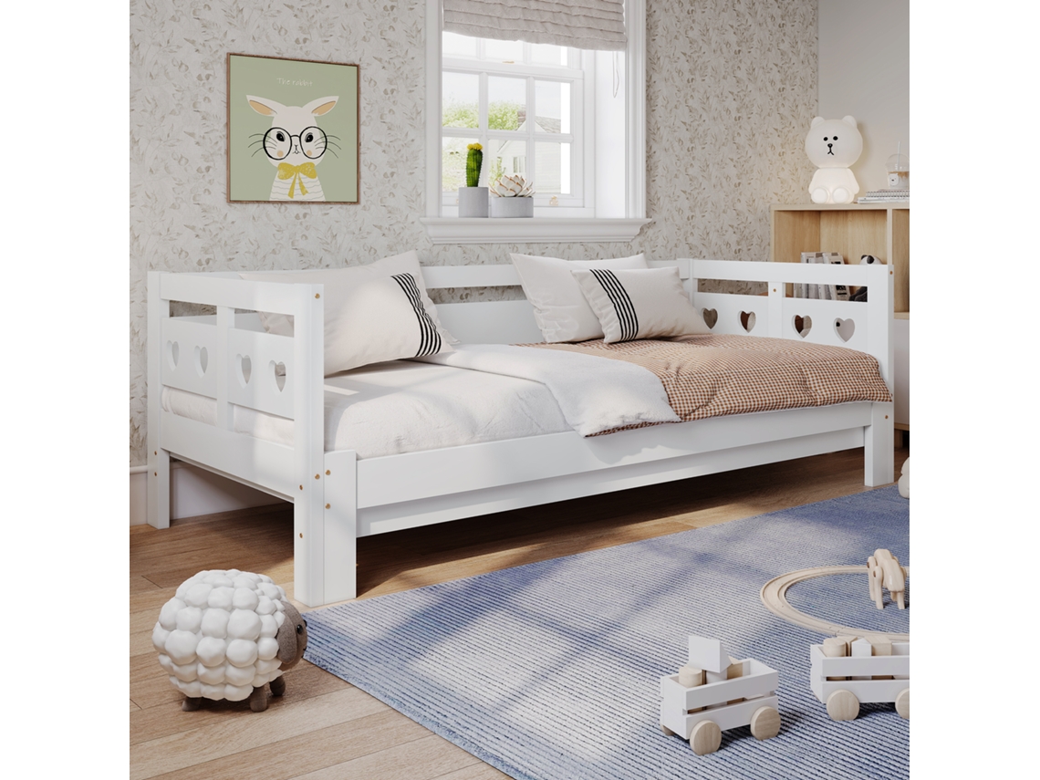 Sofá Cama Cama Nido, 90190cm, Pino Macizo, Con 2ª Cama Y Cama Enrollable En Forma De Corazón Con Rejilla Blanca