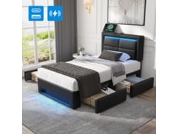 Cama Con Espacio De Almacenamiento De 90x190 Cm, Con Iluminación Led Y Conectividad Usb, 4 Cajones Y Tapicería De Piel Sintética Negra.