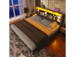 Cama De 160x200 Cm Con Cabecero Led Usb, Color Gris Madera, Colchón No Incluido.