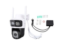 Cámara de seguridad wifi con doble lente, visión nocturna y rotación para exteriores.