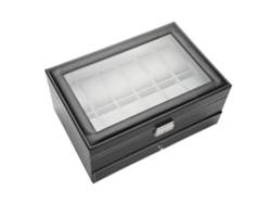 Caja De Almacenamiento De Relojes Y Joyas De Piel Sintética Con Cristal Transparente Y Diseño De Doble Capa.