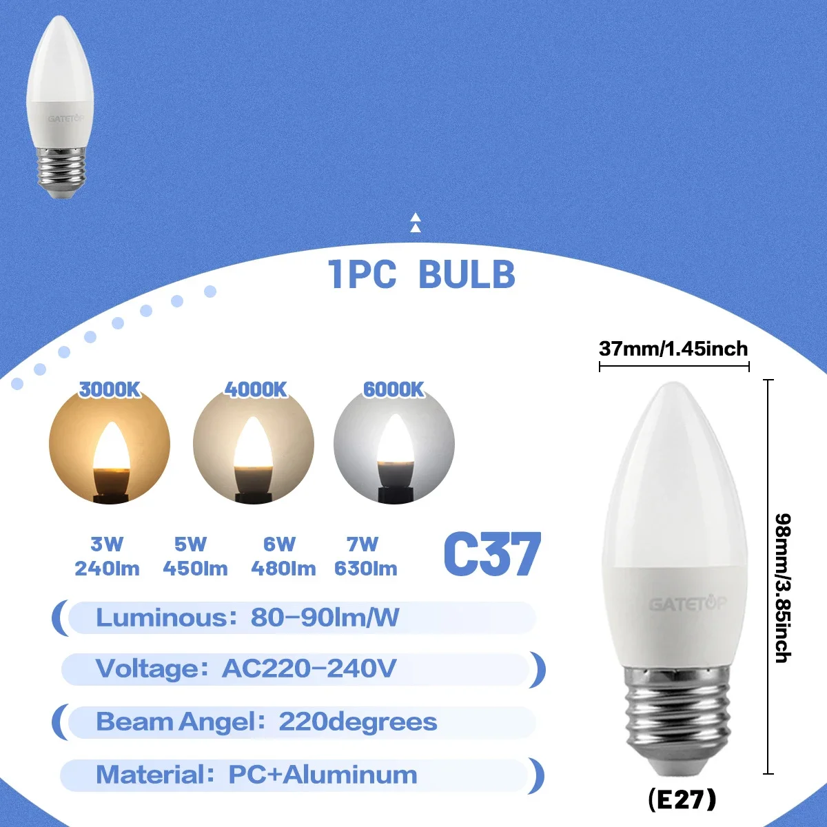 (1 Unidad, Luz Blanca Cálida 3000k) Bombilla Led Tipo Vela, E27, Apta Para Iluminación Doméstica.