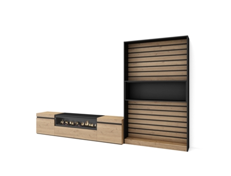 Muebles de Salón para TV SKRAUT HOME Para TV hasta 80", Chimenea eléctrica, Roble y Negro (310x186x35 cm)