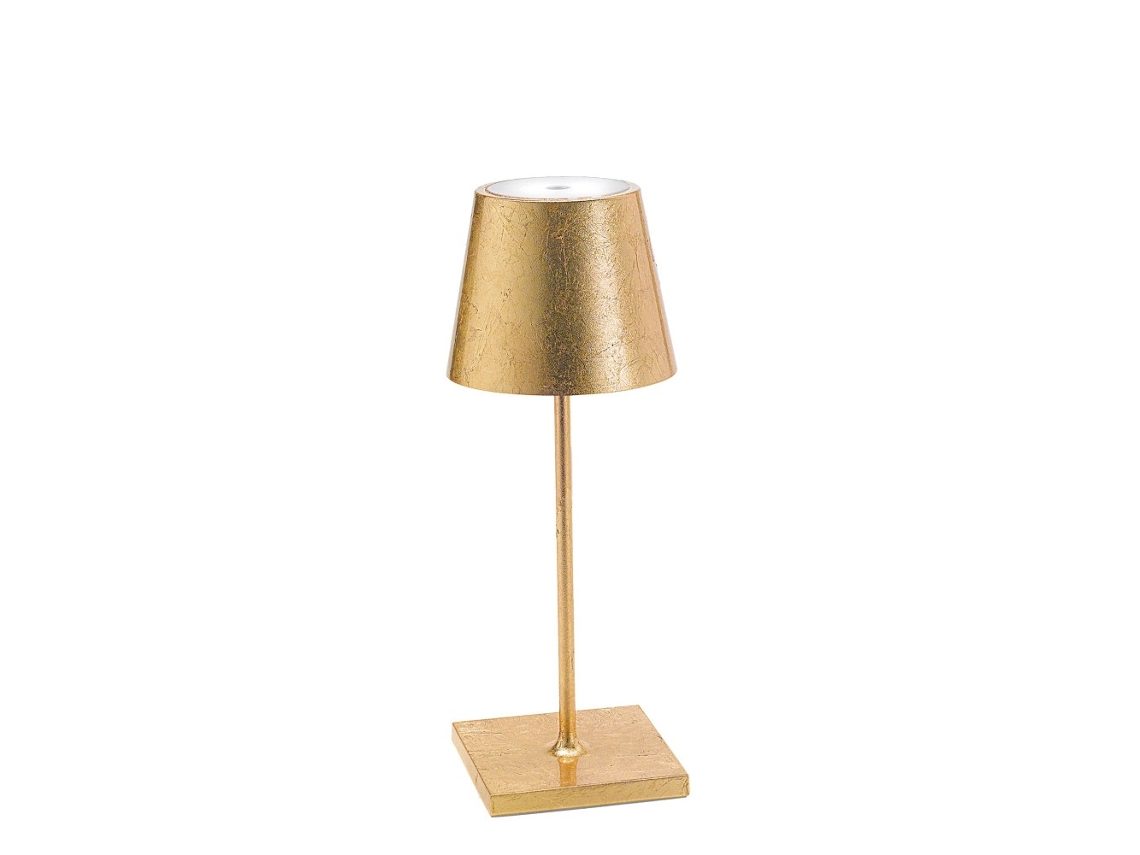 Lámpara de mesa LED recargable y regulable Zafferano Poldina Pro Mini Gold Leaf con autonomía de hasta 12 horas.