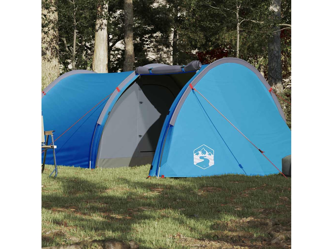 Tienda de campaña tipo túnel azul impermeable para 4 personas.