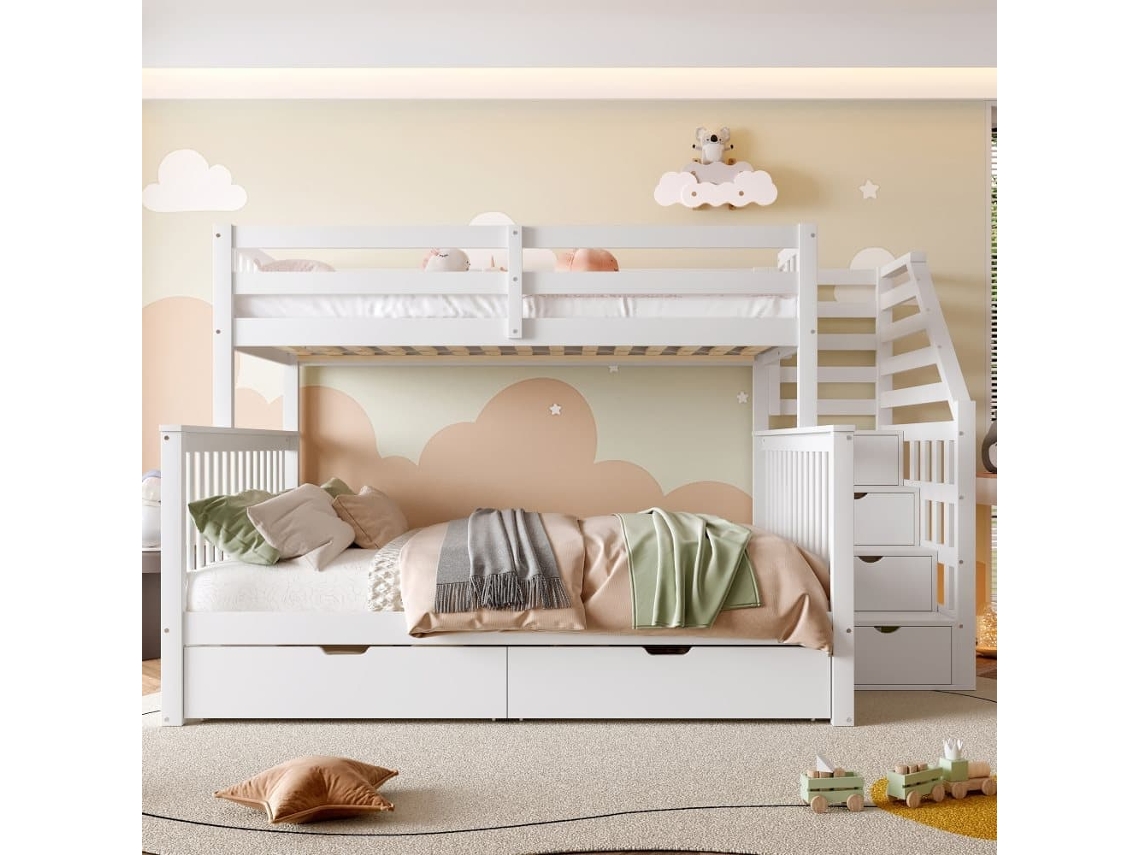 Cama Litera 90x200 Cm - Con Cajones, Almacenamiento, Multifuncional, Sin Colchón, Blanco