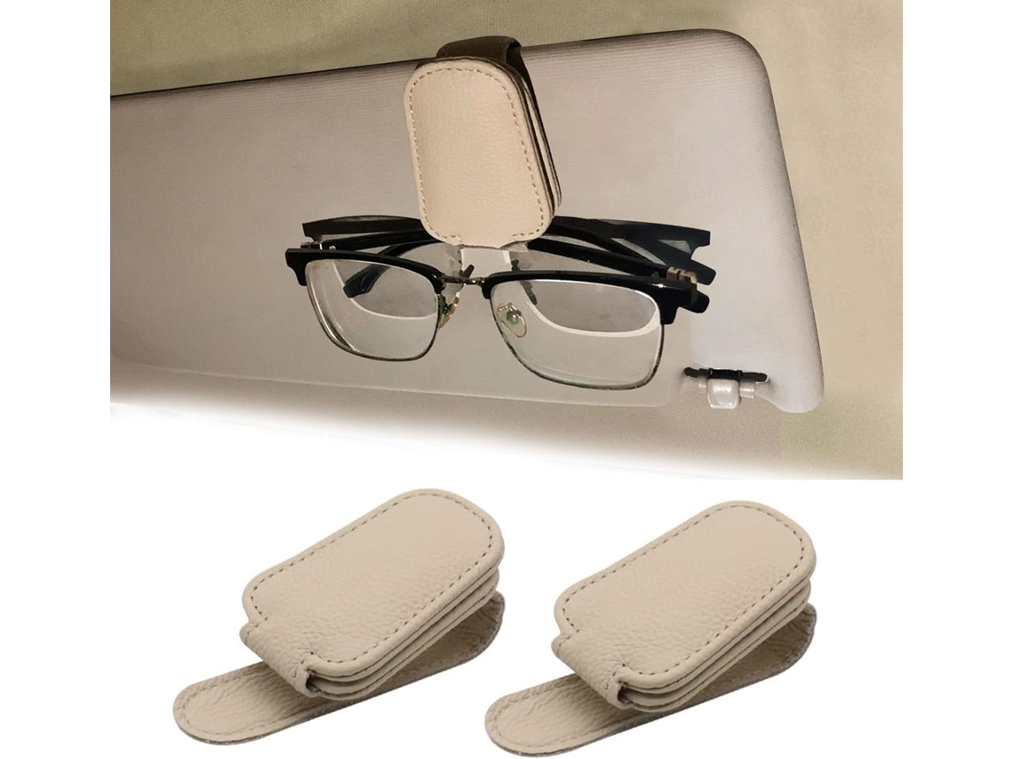2 Clips Magnéticos De Cuero Beige Para Sujetar Gafas De Sol Y Colocarlos En La Ventanilla Del Coche.