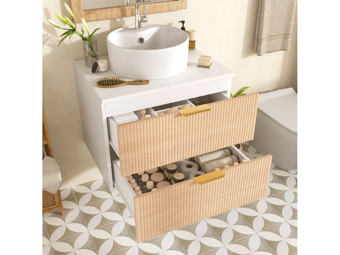 Mueble Baño 60 Cm Lavabo Cerámico Redondo, 2 Cajones Y Diseño Efecto Madera - Natural