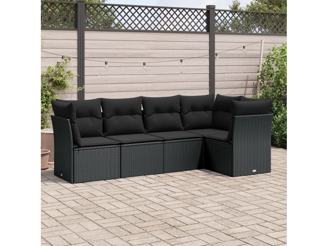Conjunto de sofá de jardín de 5 piezas con cojines de mimbre sintético negro, Dkd Home Decor