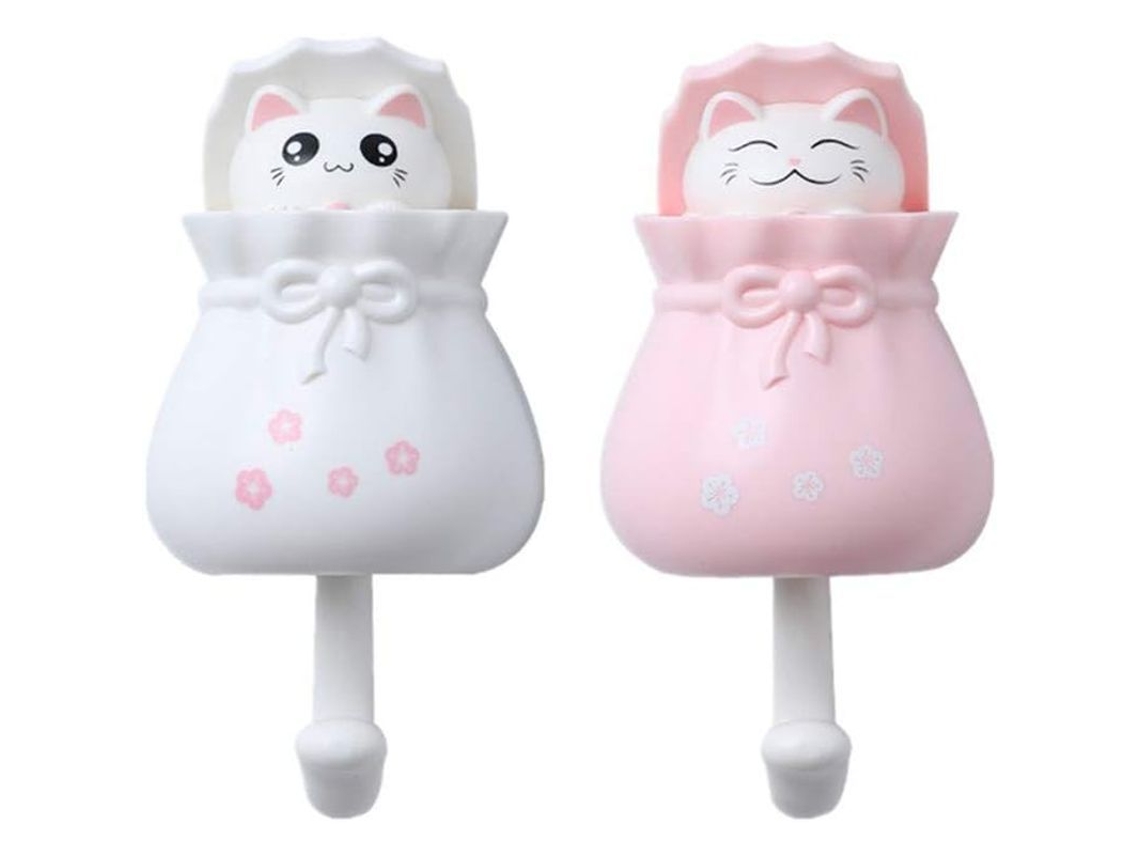 2026-gancho De Pared Autoadhesivo Decorativo Gatito Lucky Para Colgar Abrigos Bolsas 2 Piezas Rosa Y Blanco