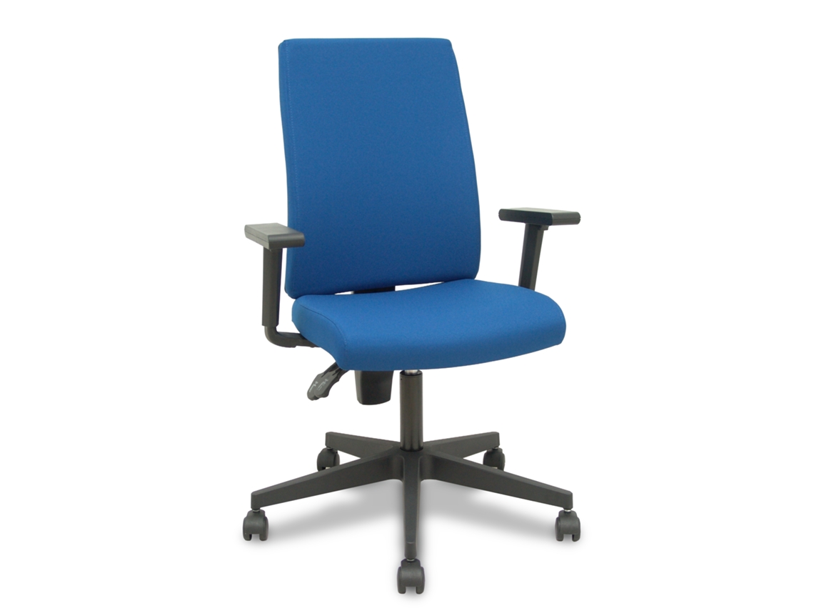 Silla de oficina I-line con mecanismo de doble manija de contacto permanente, tapizada en tela azul marino.