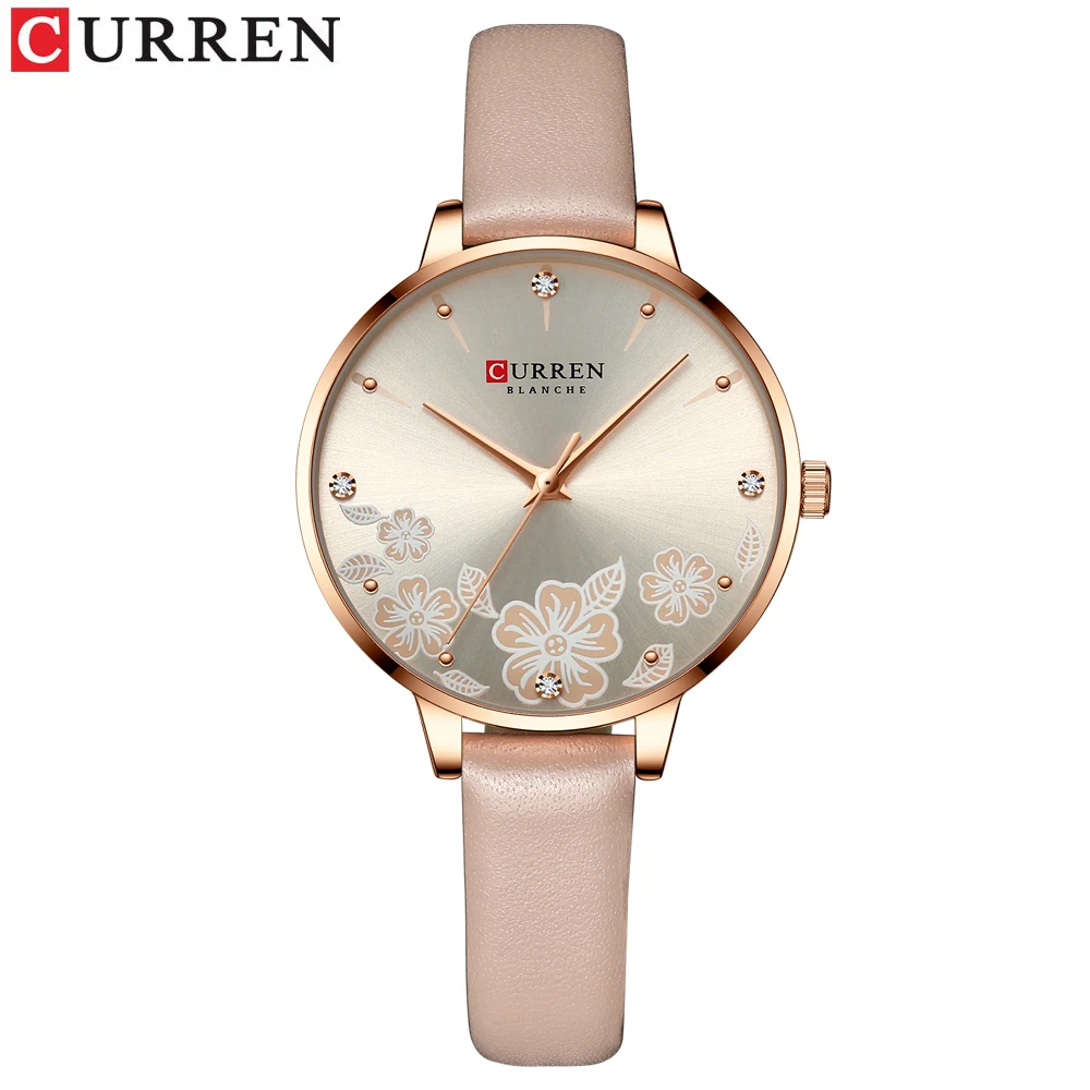 Reloj De Cuarzo De Piel Auténtica (caqui), Esfera Floral Encantadora Para Mujer