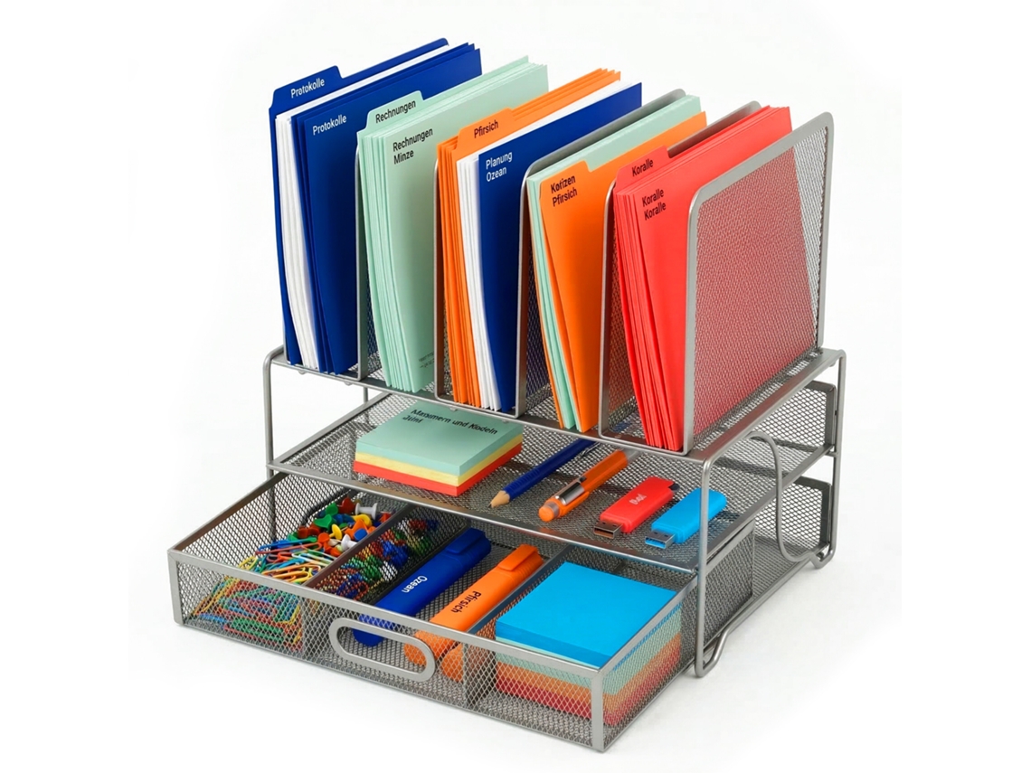 Organizador De Secretária Relaxdays, Suporte Para Pastas Com Gaveta E 6 Divisórias, 36 X 35 X 24,5 Cm, Metal, Prateado