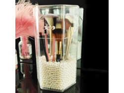 Porta Brochas De Maquillaje Hexagonal De Acrílico Con Tapa Transparente, Dustproof, Include Perlas Blancas, Organizador Para Baño Y Tocador