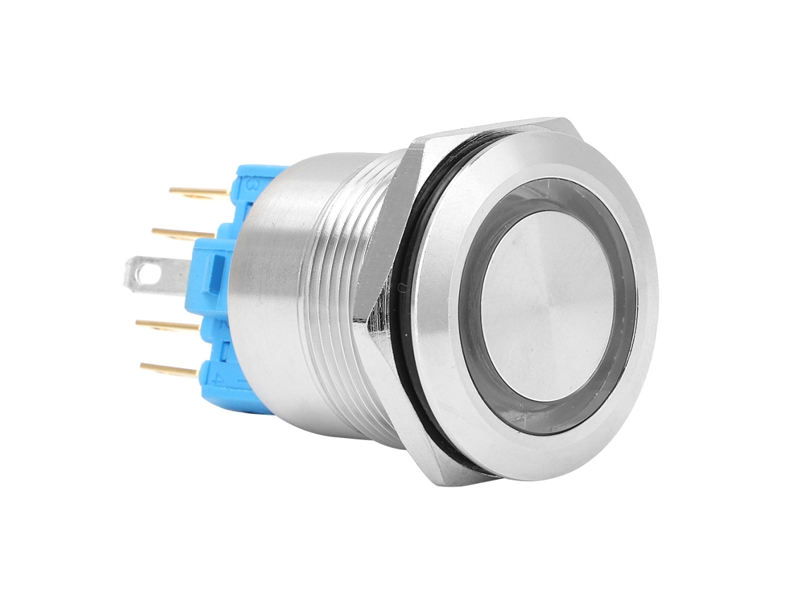 Botón pulsador de acero inoxidable con retroiluminación y reinicio automático.