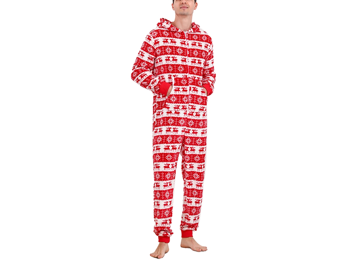 Conjunto de pijama navideño Kkpm con estampado de taza de nieve, capucha y bolsillos, talla XL para hombre, rojo, a juego para toda la familia.