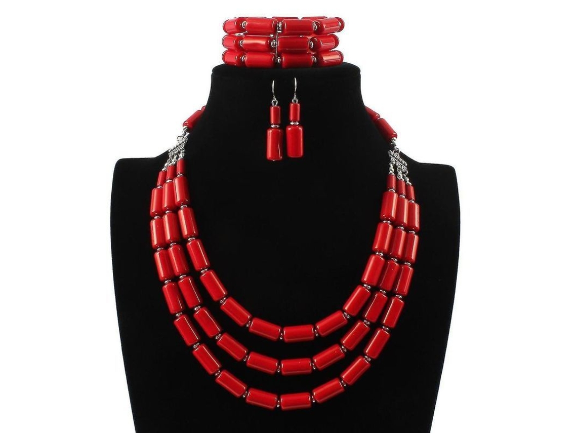 Juego De Joyería Para Mujer Acero Inoxidable Collar Pendiente Arete Pulsera Moda Geométrico Oro Plado Rojo