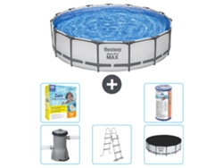 Piscina BESTWAY Round Steel Pro MAX - 457 x 107 cm - Gris - Incluida bomba - Escalera - Cobertor Paquete de mantenimiento - Filtrar