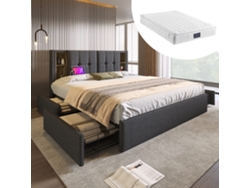 Cama Doble 160x200 Cm - Cargador Inalámbrico Usb C, 4 Cajones, Somier De Madera - Tejido Gris (con Colchón)