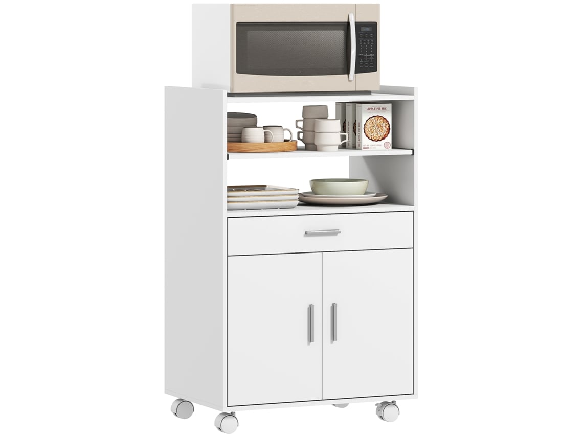 Carrito de cocina con horno microondas, ruedas, cajón y estantes - Blanco