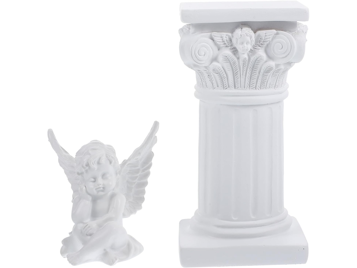 Gran escultura de resina de una columna romana en dos piezas: pilar cuadrado y decoración con un ángel blanco...
